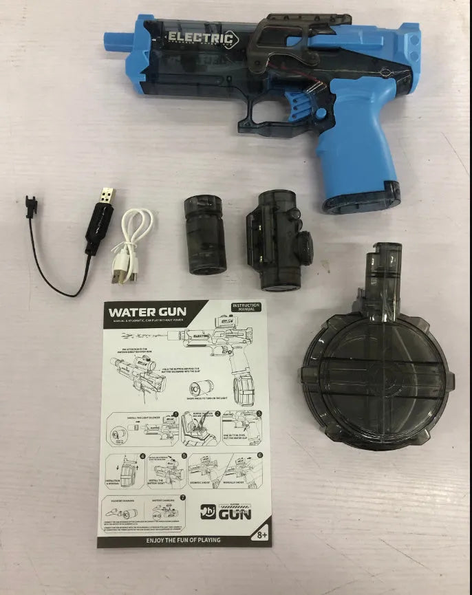 Fire Rat electric water pistol with cool light, automatic spray, black and blue colours, 8-10 metre range