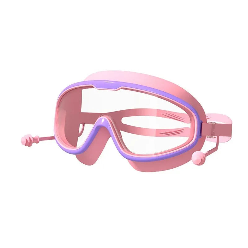 Children's swimming goggles in bright pink with large frame and clear non-fogging lenses