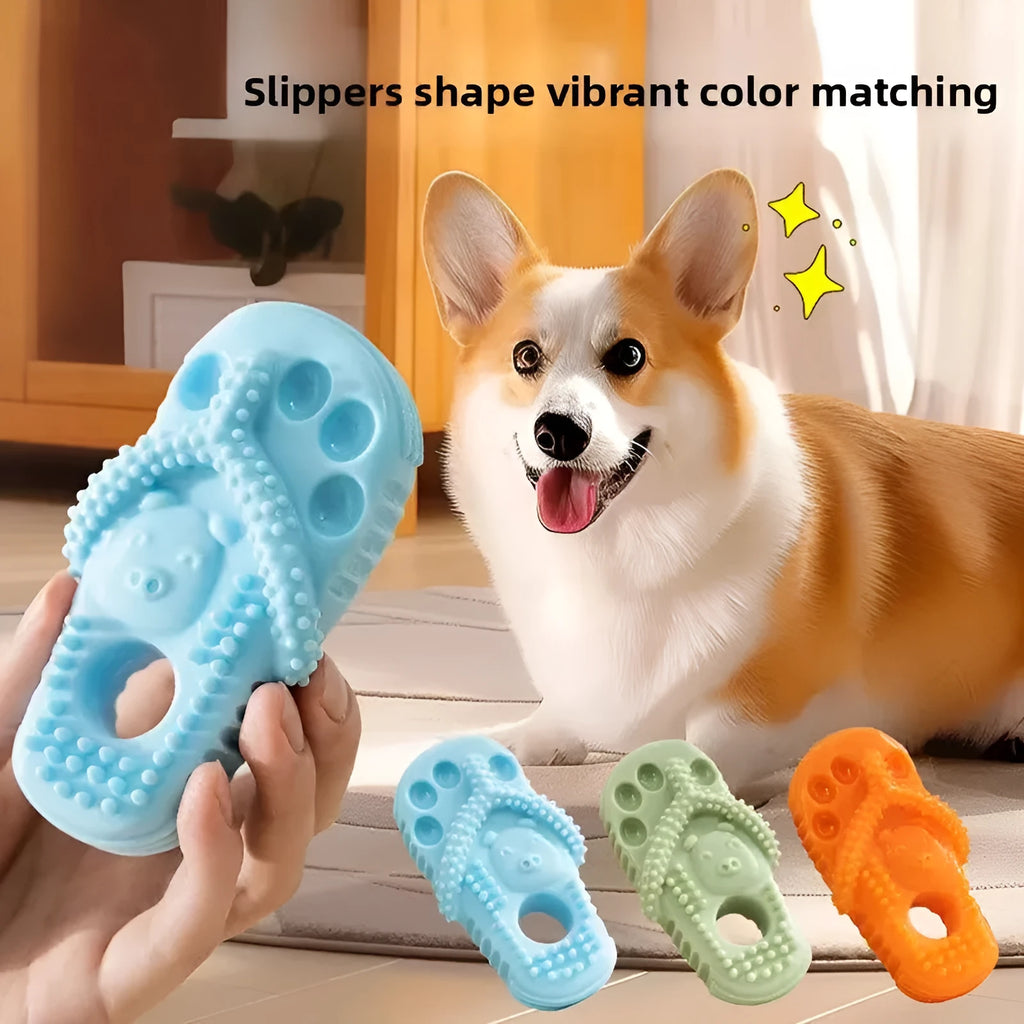 Durable rubber dog chewing toy in slipper shape, blue colour, on light background