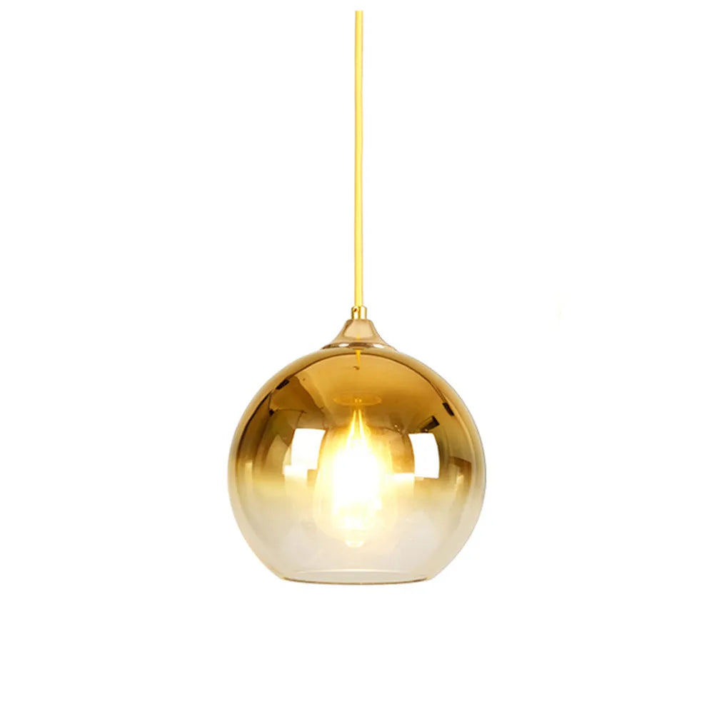 Glass gradient ball chandelier with gold finish, adjustable height, ceiling mounted for bedroom or bar use