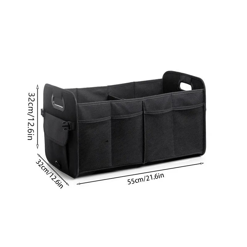 Foldable multi-compartment car boot storage box in black with handle and waterproof fabric construction