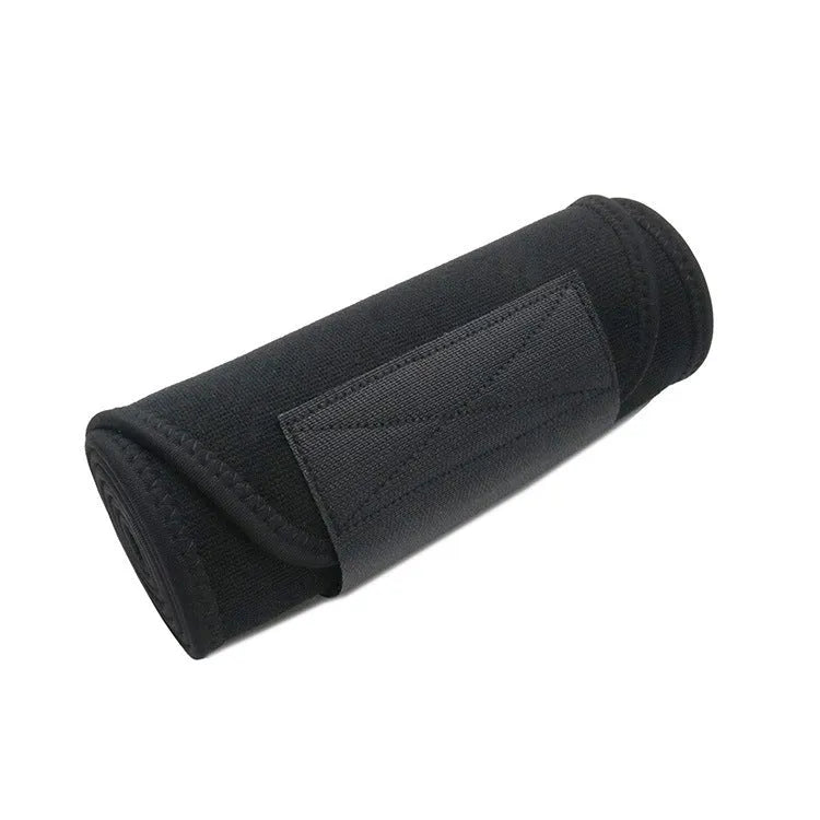 Black neoprene lumbar support waist belt for running and fitness.