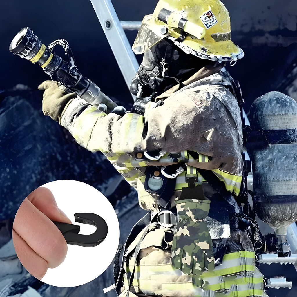 Fluorescent green metal buckle single clip for fireman gloves with reflective nylon lining.