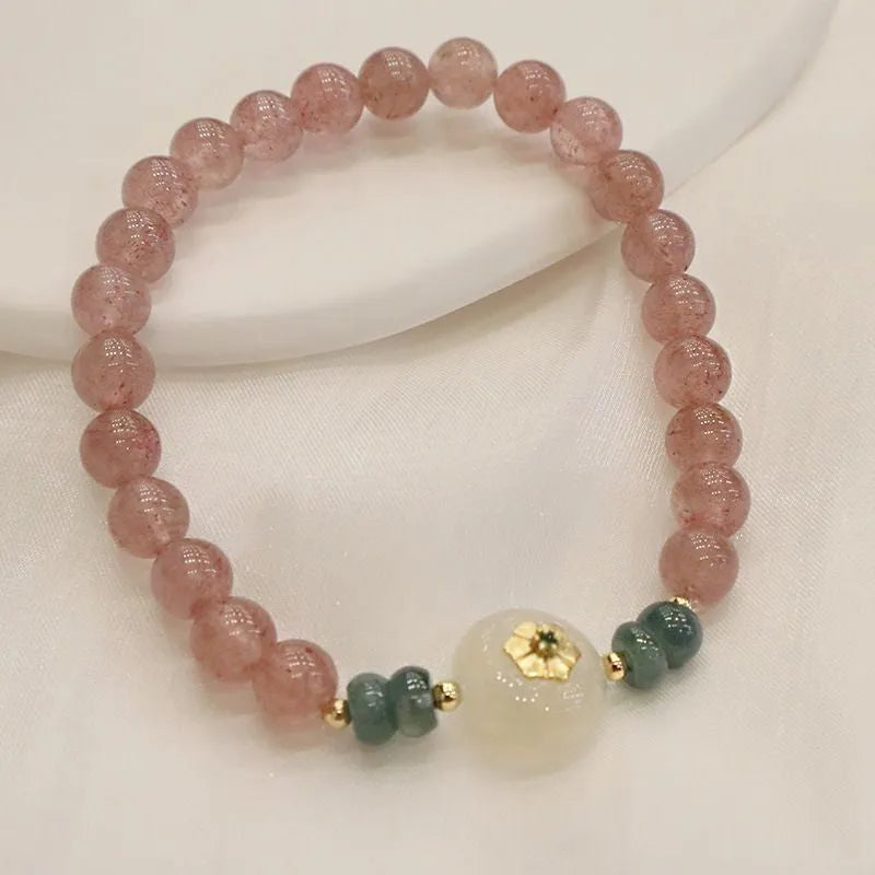 Women's strawberry quartz blue water emerald bracelet with electroplated finish and New Chinese style design