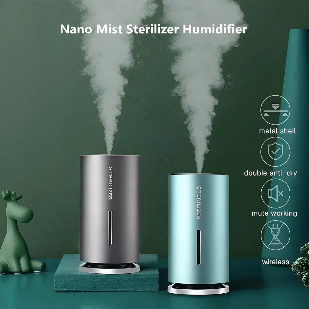 Smart induction spray air humidifier in black, 150ml tank, 1200mAh USB, compact 65x65x115mm