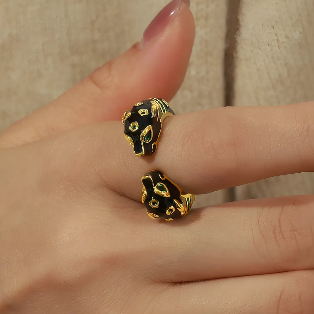 Women's black cheetah pattern geometric open ring with oil drip effect, size no.7