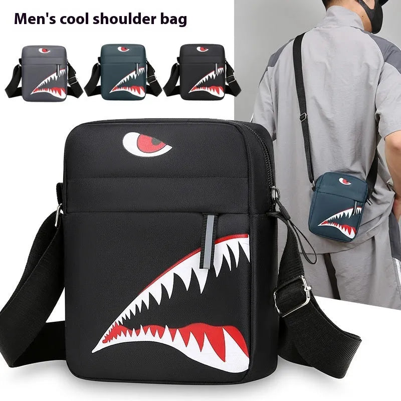 Men's small Oxford cloth crossbody bag with animal print pattern in black, grey or green colours