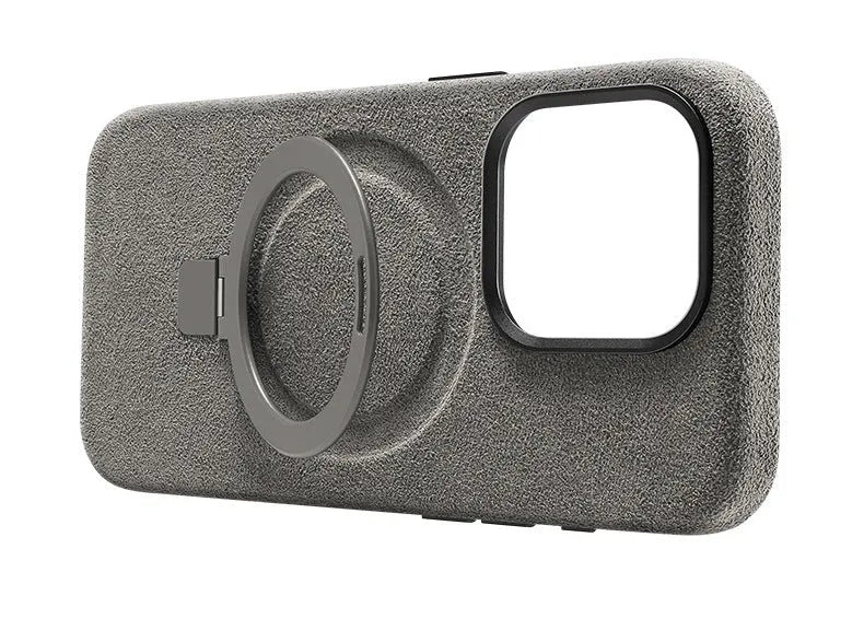 Creative all-match suede bracket phone case for iPhone 15 Pro and 15 Pro Max in dark gray with magnetic absorption and shockproof build