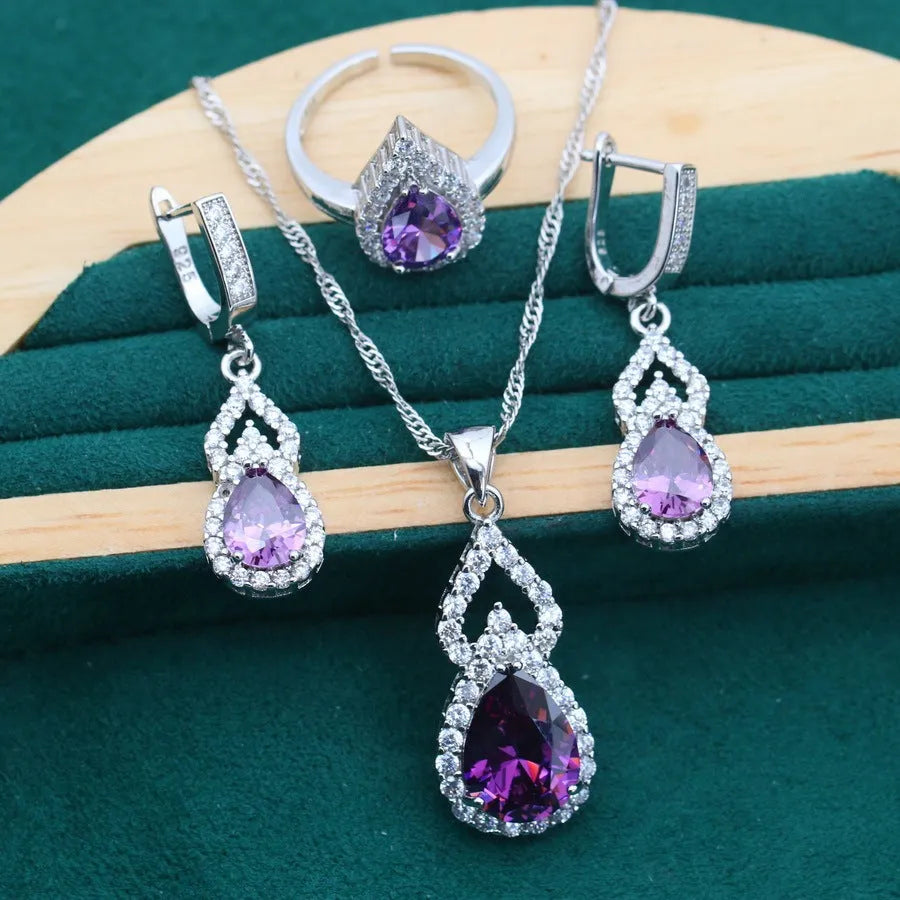 Copper inlaid zircon water drop jewellery set with earring ring necklace in electroplated finish