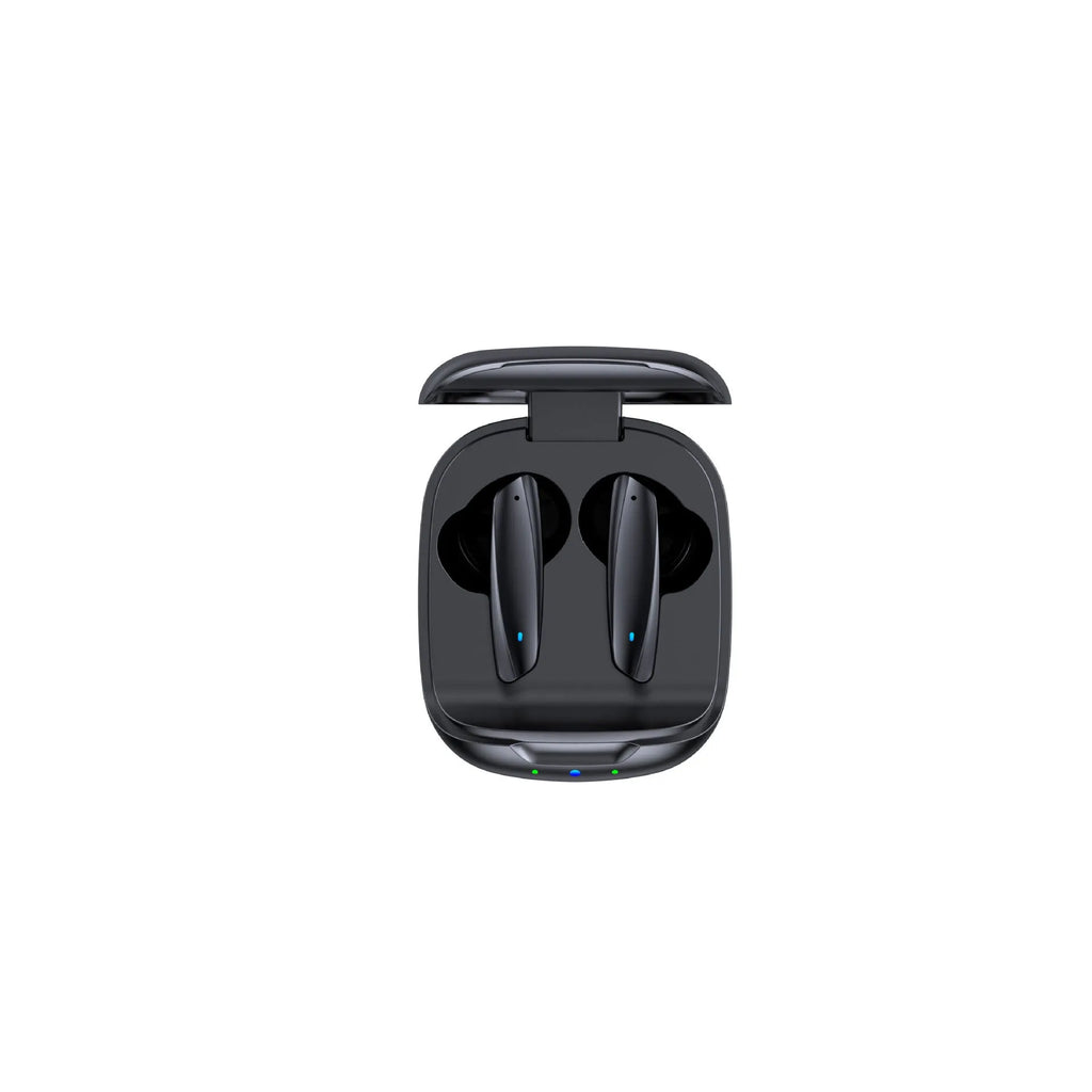 Black and white TWS Bluetooth 5.1 wireless earbuds with a charging case on a white background.
