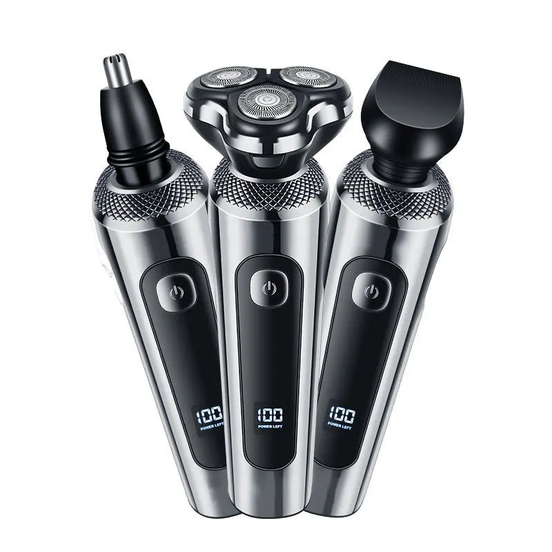 Black USB rechargeable beard trimmer with LED display on a digital display base.