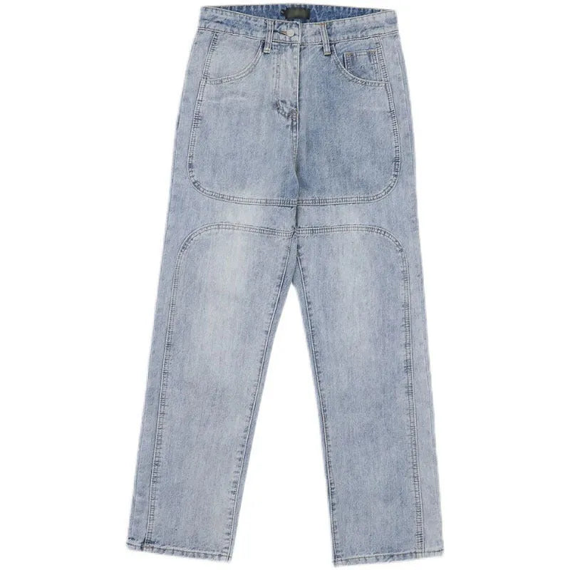 National Tide straight retro wash blue jeans for men and women, loose fit middle waist denim trousers