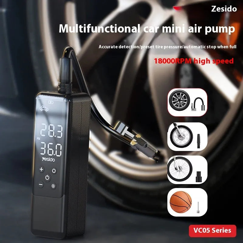 Portable 12V car tyre inflator pump in black with LED light and pressure gauge, model VC05.