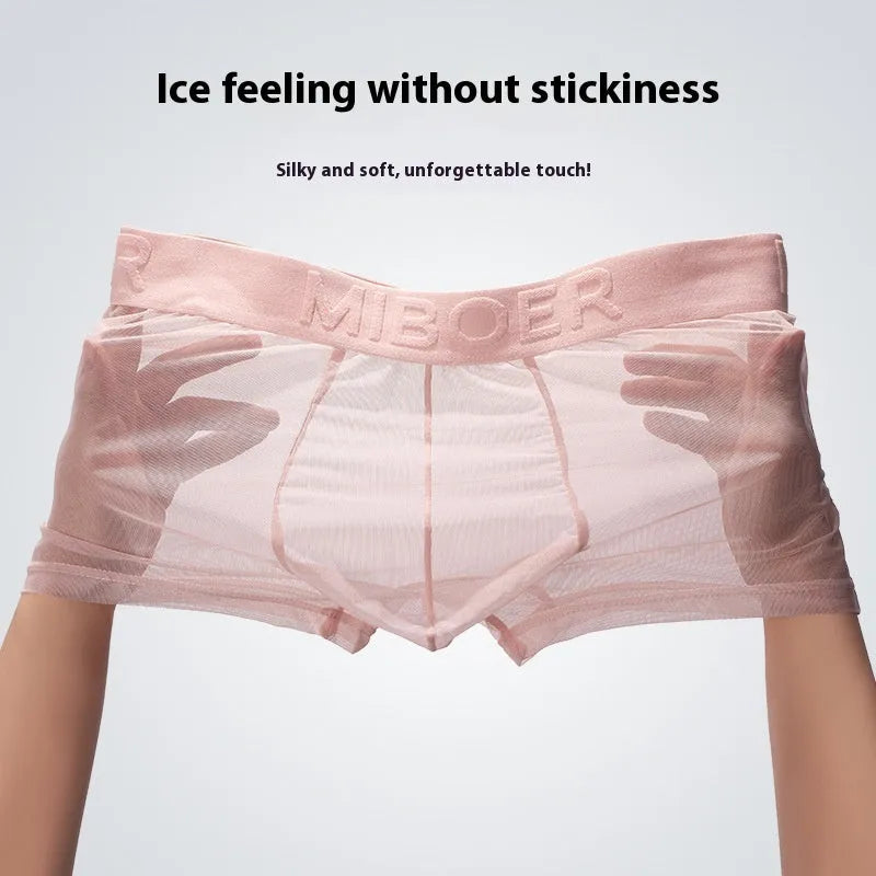Men's solid colour thin boxer shorts in quick-dry polyester fabric on a size chart