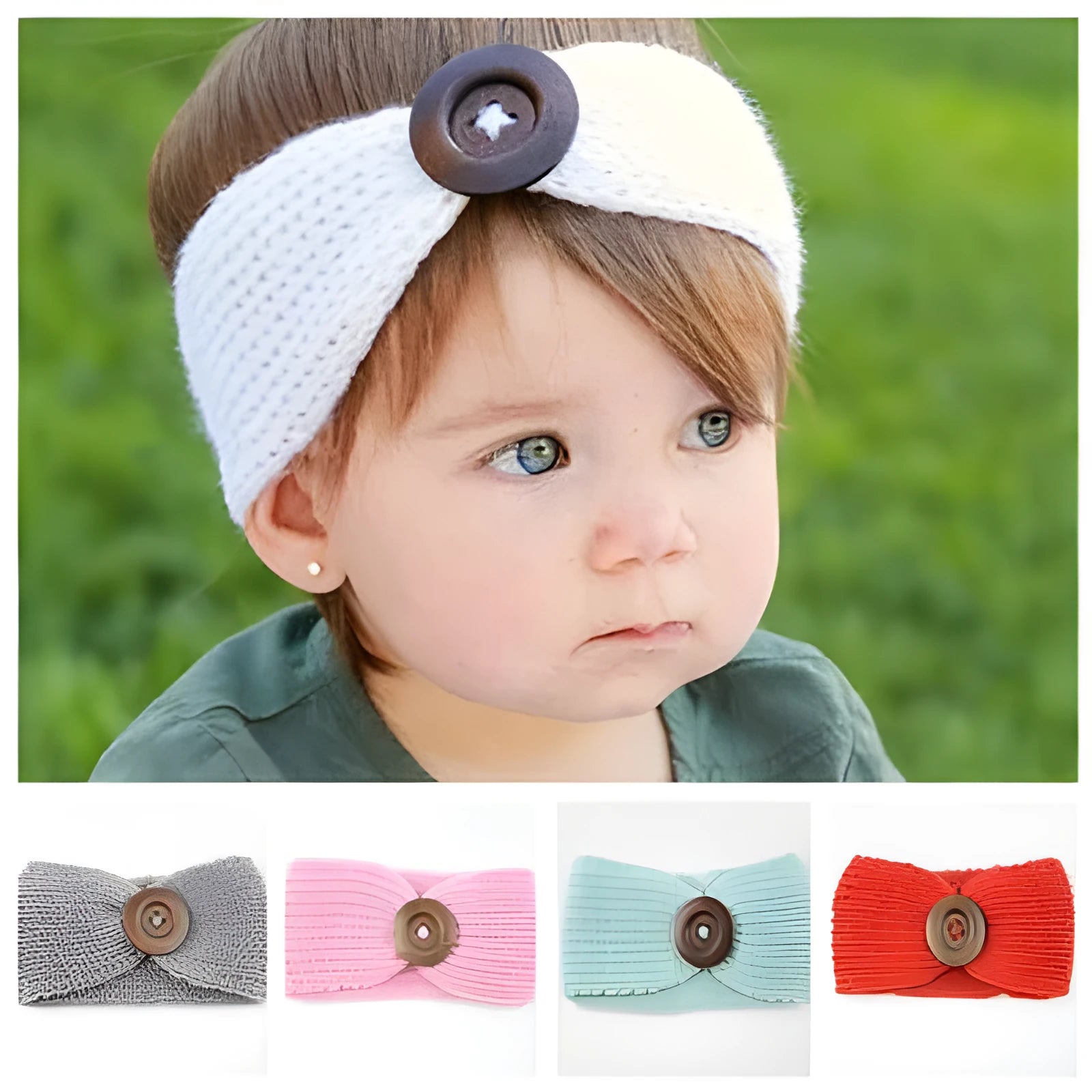 Hand-woven baby wool headband in pink, measuring 8x18 cm, for newborn girls