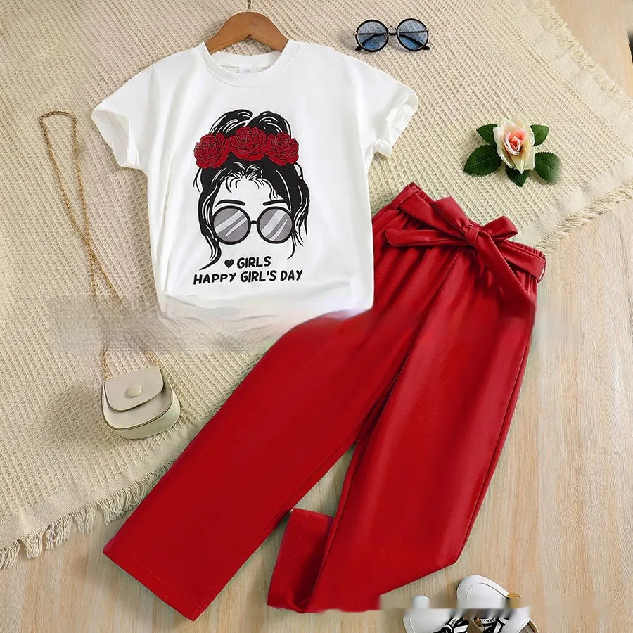 Summer girls breathable polyester two piece suit with cartoon print top and trousers in five colours sizes 7Y to 11-12Y