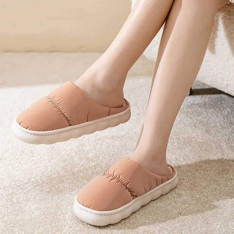 Artificial leather and rubber house slippers with thick sole and plush lining in blue, green, grey, pink or yellow