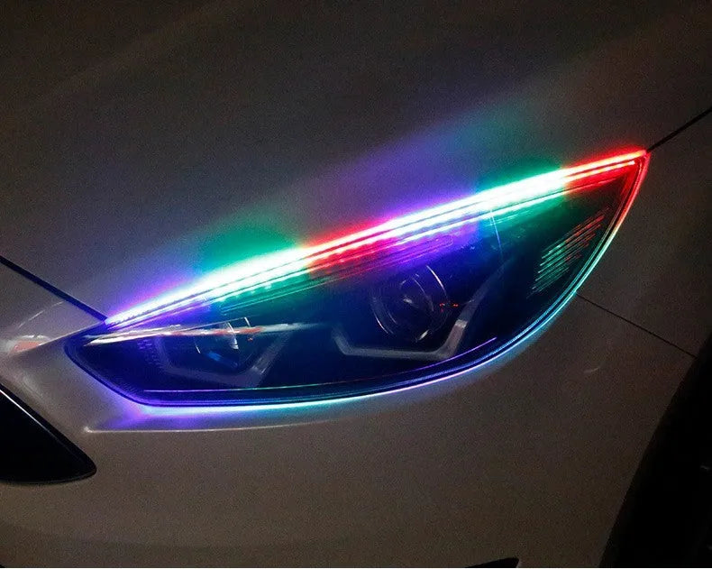 RGB colour-changing LED day running light strip with remote control, shown in 30cm, 45cm, and 60cm lengths.