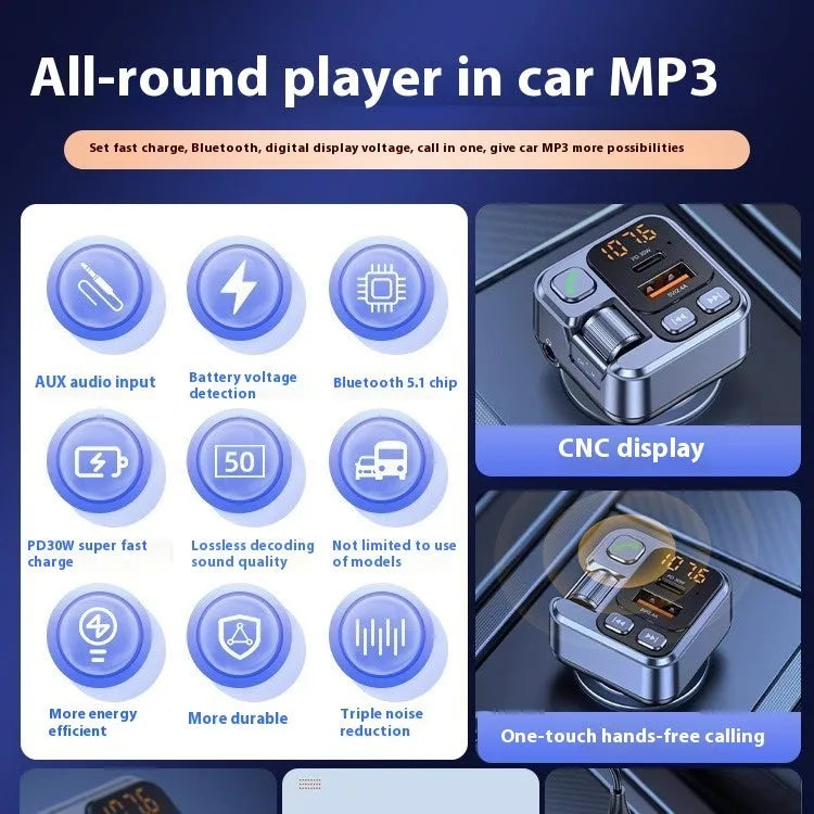 Black Bluetooth car receiver with LED display plugged into a vehicle 12V socket, showing USB-C and USB-A charging ports.