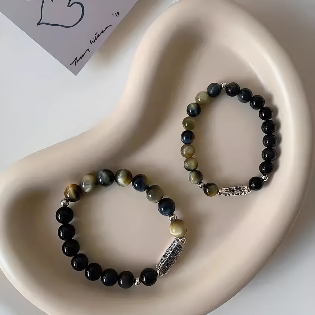 Tigereye Obsidian stone and sterling silver bracelet with geometric round beads and mantra engraving