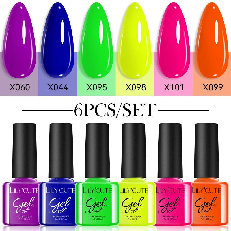 Set of twenty bottles of glitter and solid colour UV gel nail polish in a case.