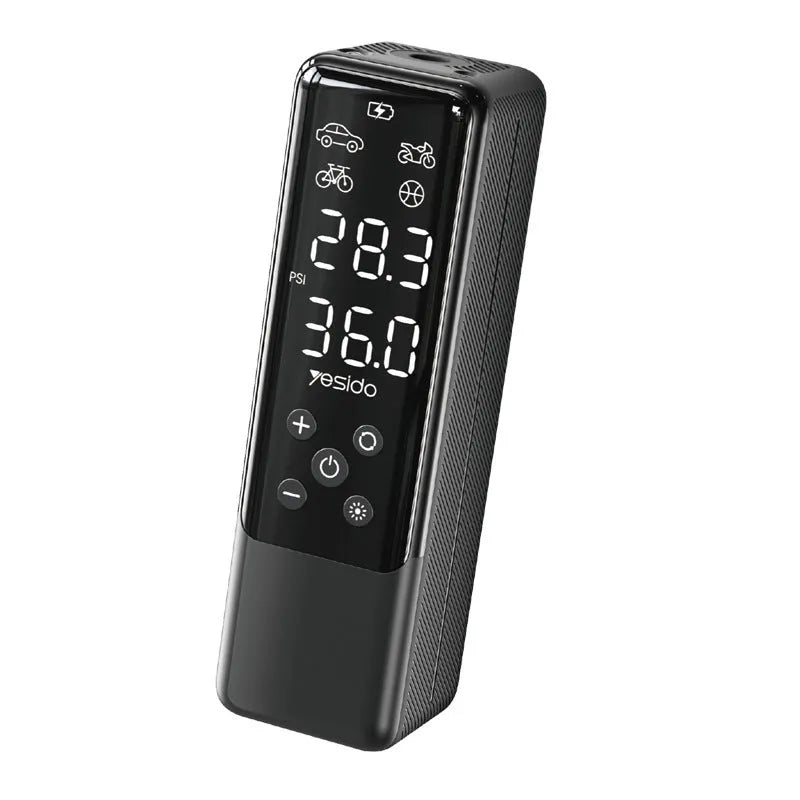 Portable 12V car tyre inflator pump in black with LED light and pressure gauge, model VC05.