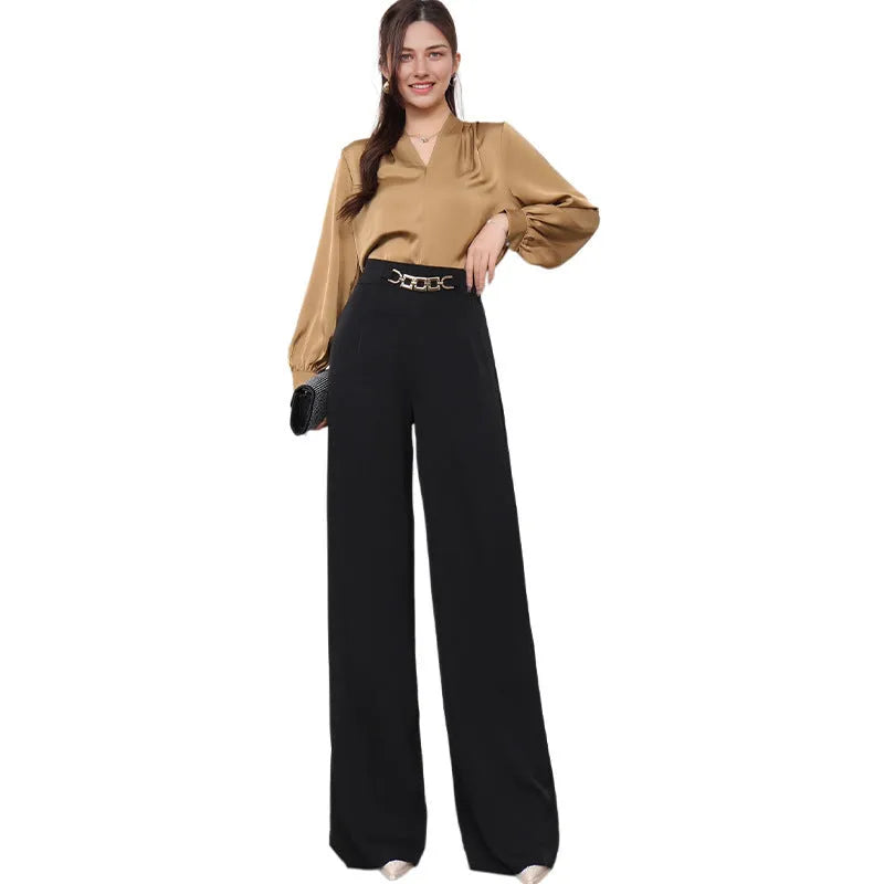 Solid colour drape wide leg pants for women in black, straight-leg style with micro elastic waist