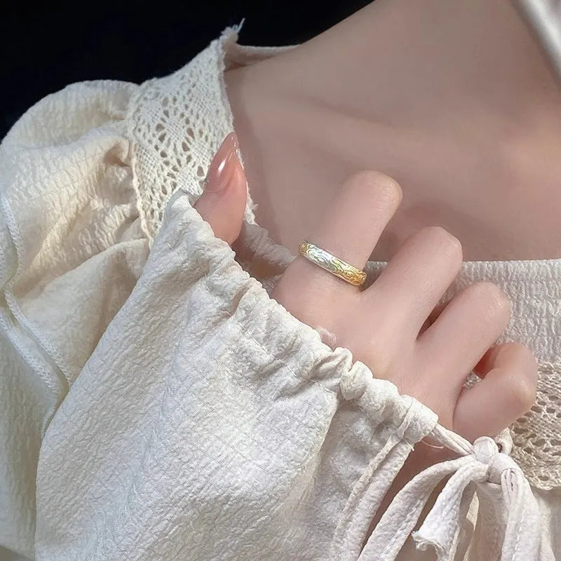 J14 Xiangyun pattern open-mouth ring with geometric shape and silver gold electroplated finish