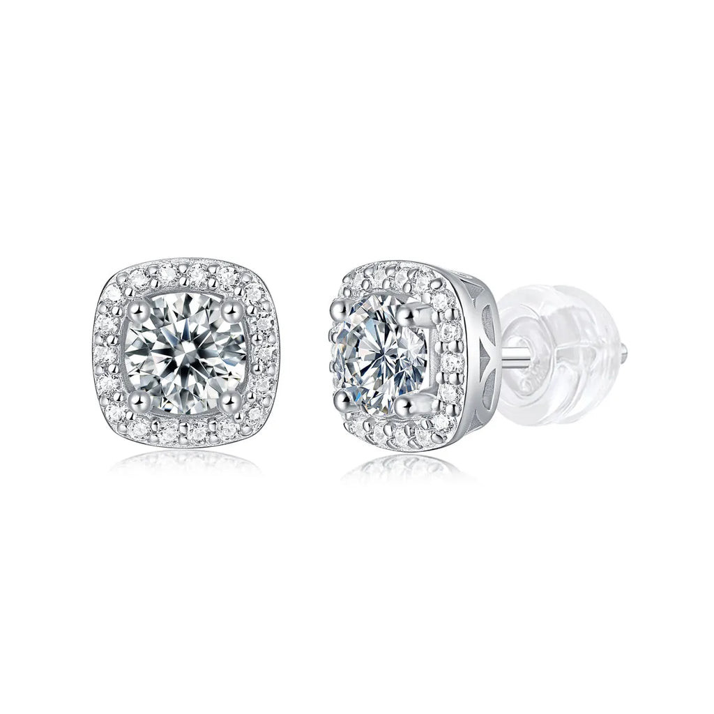 Pair of square moissanite stud earrings in S925 silver with platinum plating