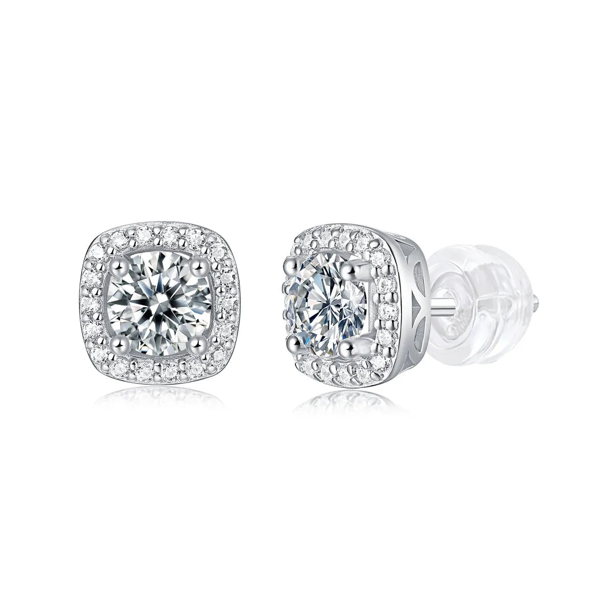 Pair of square moissanite stud earrings in S925 silver with platinum plating
