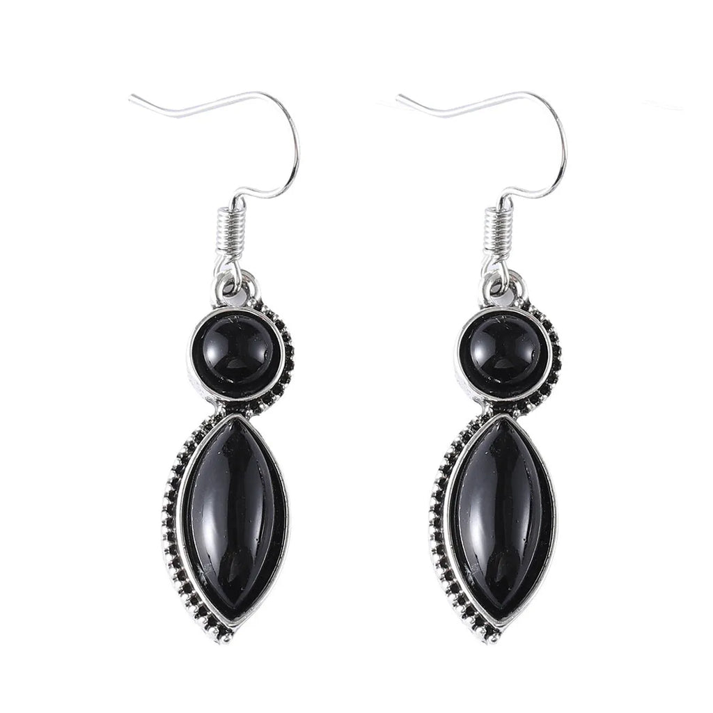 Vintage geometric pendant earrings in zinc alloy with electroplated finish, shown in black or purple, women's retro bohemian style.