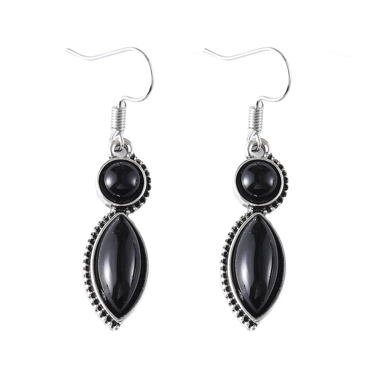 Vintage geometric pendant earrings in zinc alloy with electroplated finish, shown in black or purple, women's retro bohemian style.