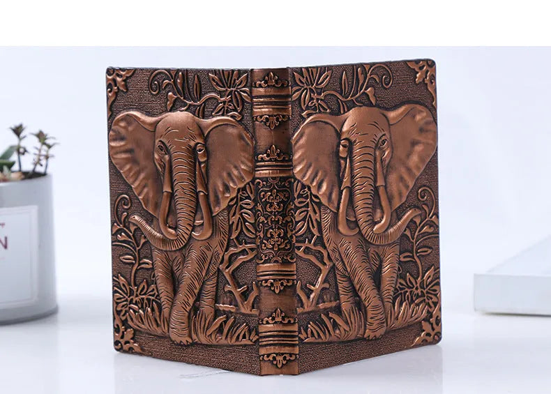 Embossed retro hardcover notebook with PU leather cover, bronze relief highlights, 13.5x20.5cm beige paper, 180-degree spreadable binding