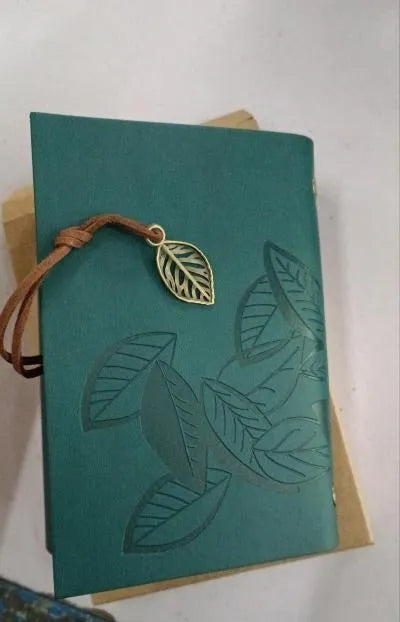 Artificial leather leaf-shaped notepad diary with beige paper, 150 pages, brown colour, large size