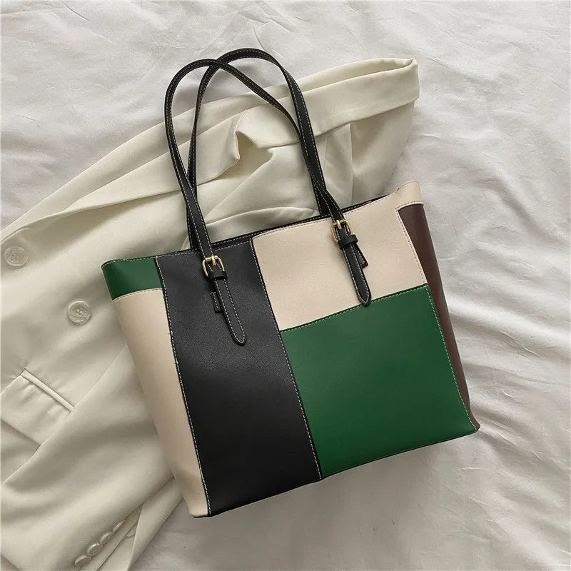 Large capacity women's PU tote bag with contrast stitching, available in khaki, green, blue, pink, and gray, featuring a phone pocket.