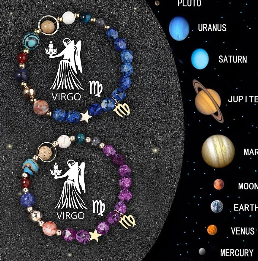 Set of two beaded bracelets with engraved zodiac charm beads on a 20cm adjustable strap.