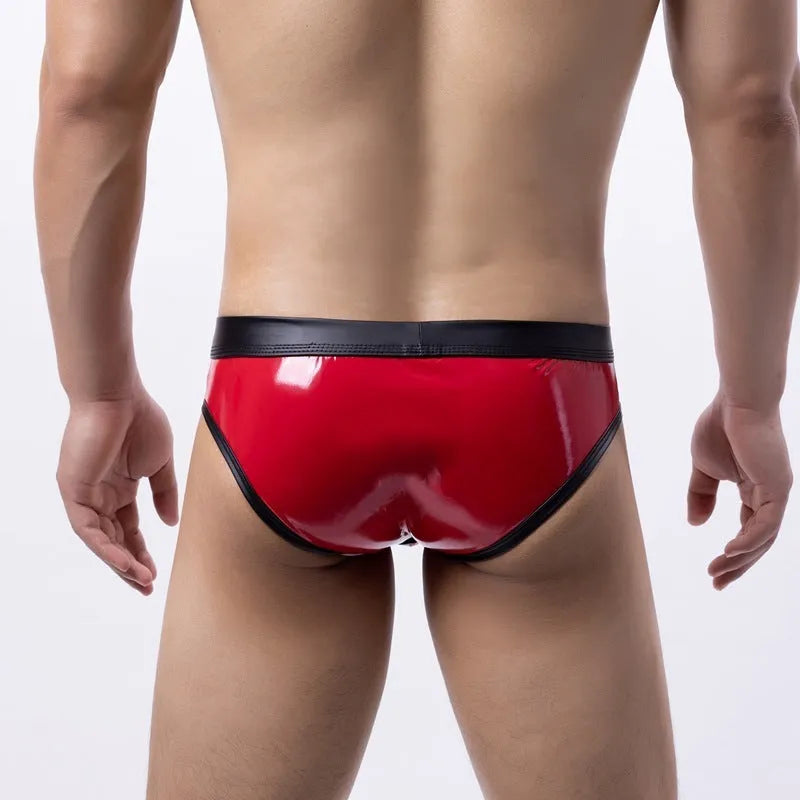 Men's polyester bikini swim briefs in gold, red, silver colours with low waist design