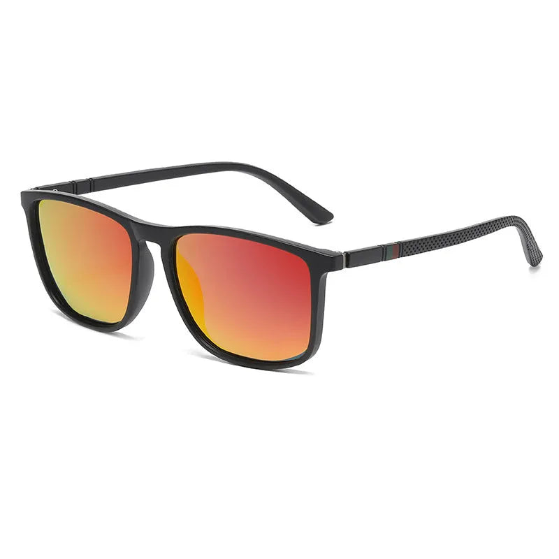 Sports driving polarized sunglasses with black frame and black grey TAC lens on reflective surface