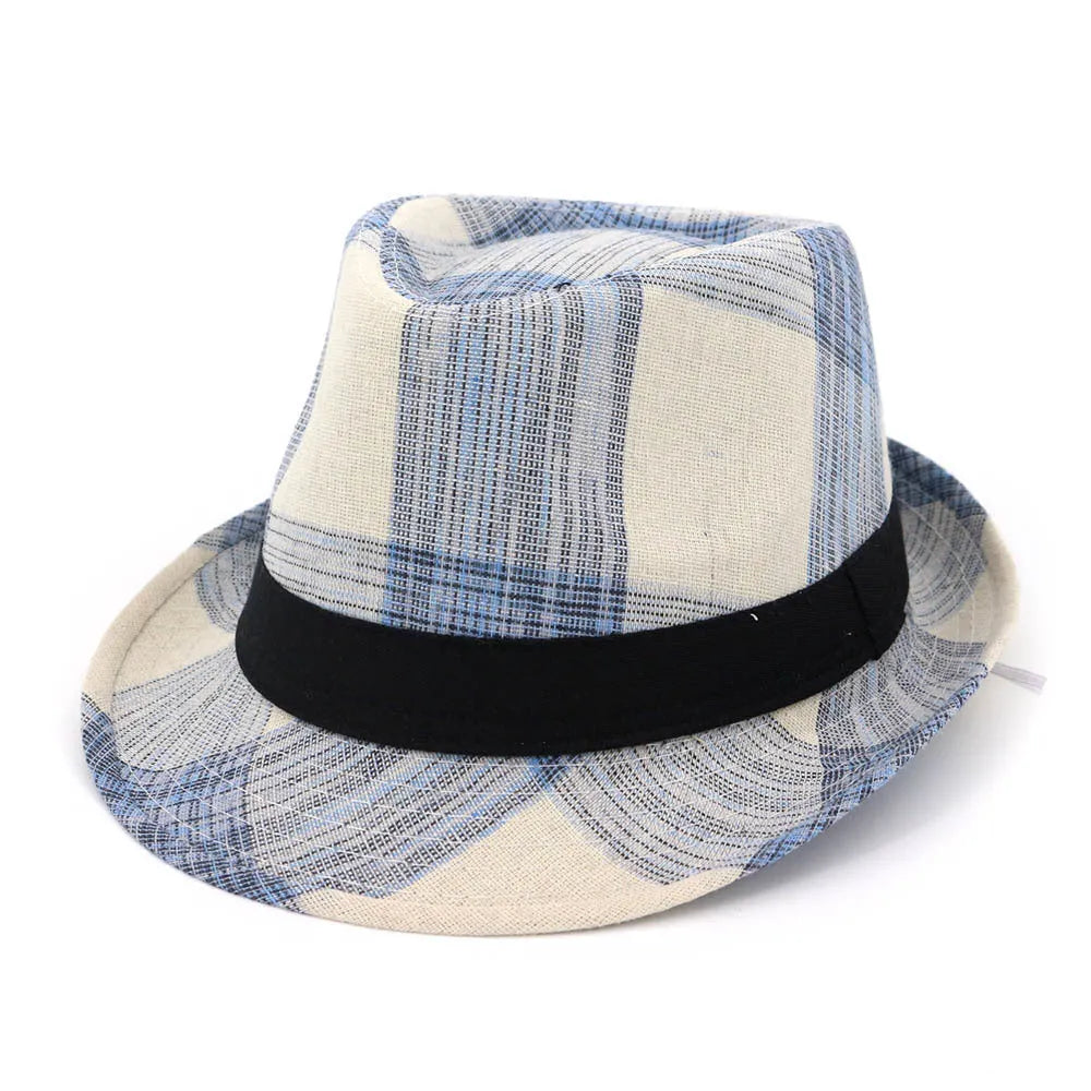 Blue casual straw hat with a 4.5cm brim and bell-shaped crown on a neutral background.