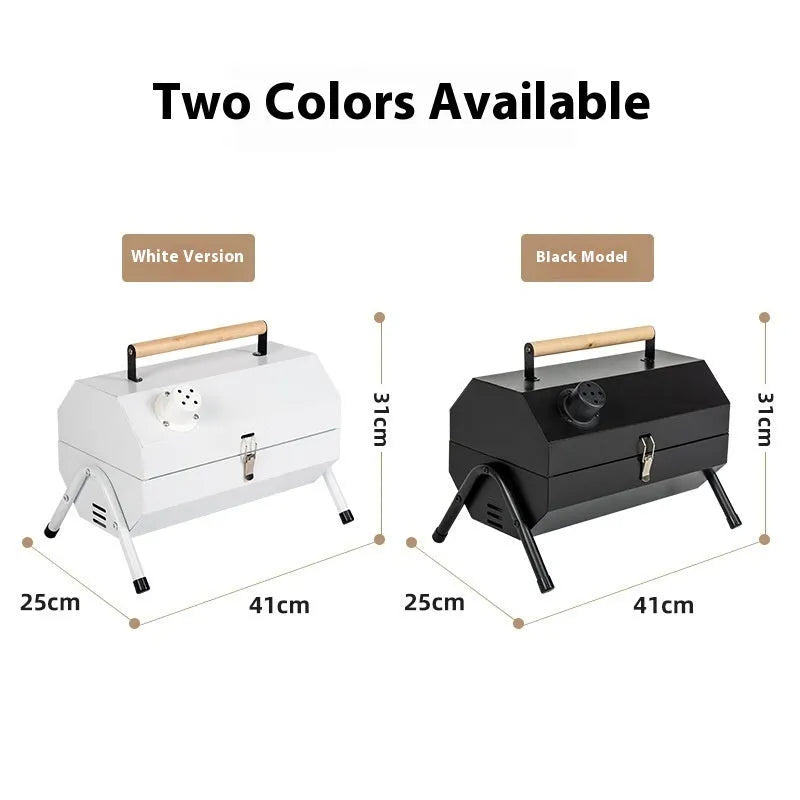 White round portable folding grill with carbon tanks and meshes for outdoor frying and baking.