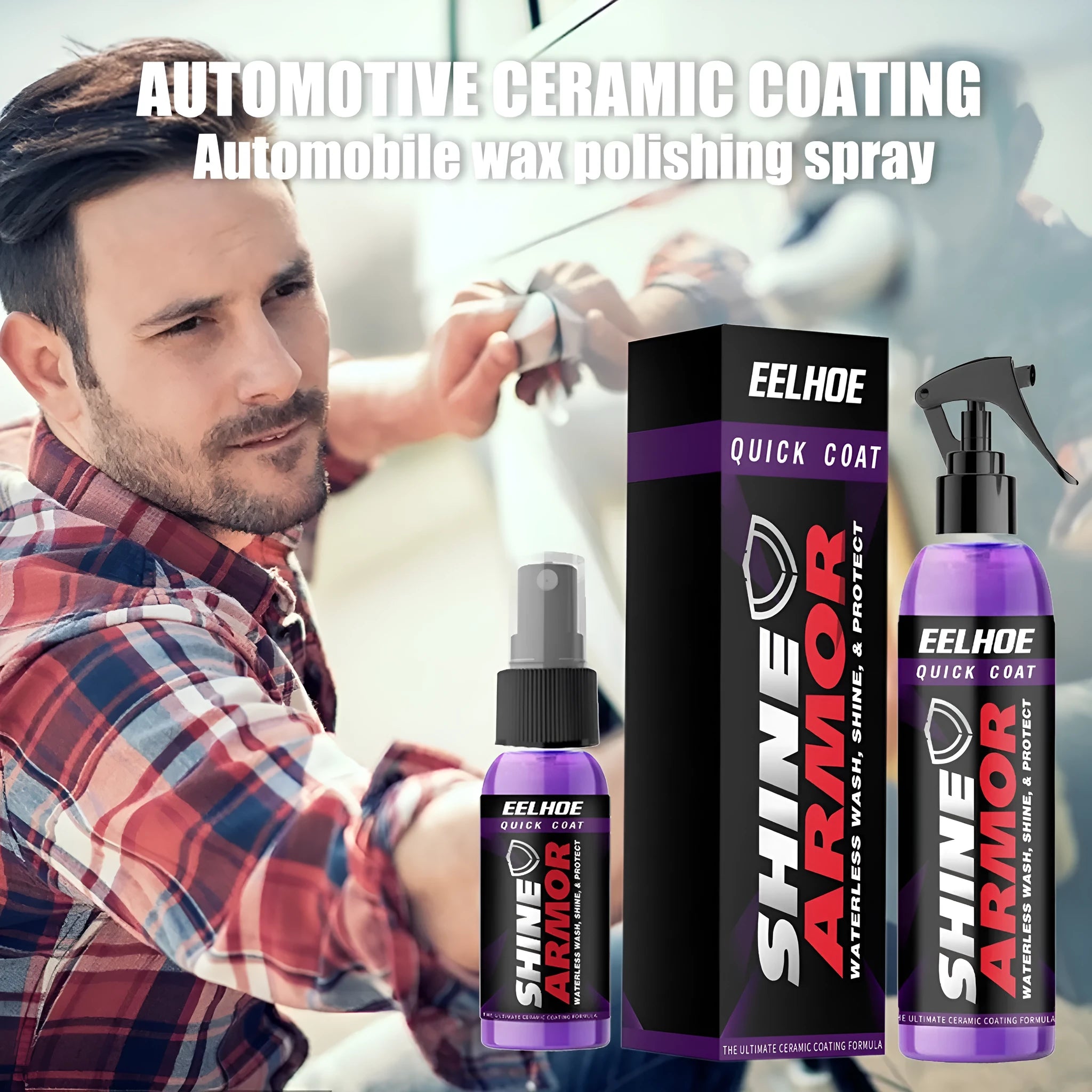 Purple car nano coating spray bottle in 30ml and 100ml sizes for hand application.