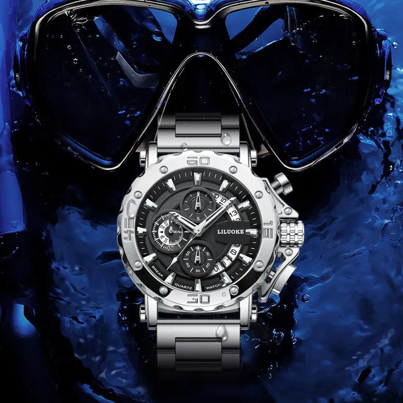Men's thick luminous waterproof quartz watch with stainless steel strap and black round dial, 30m water resistant, 14.8mm case.