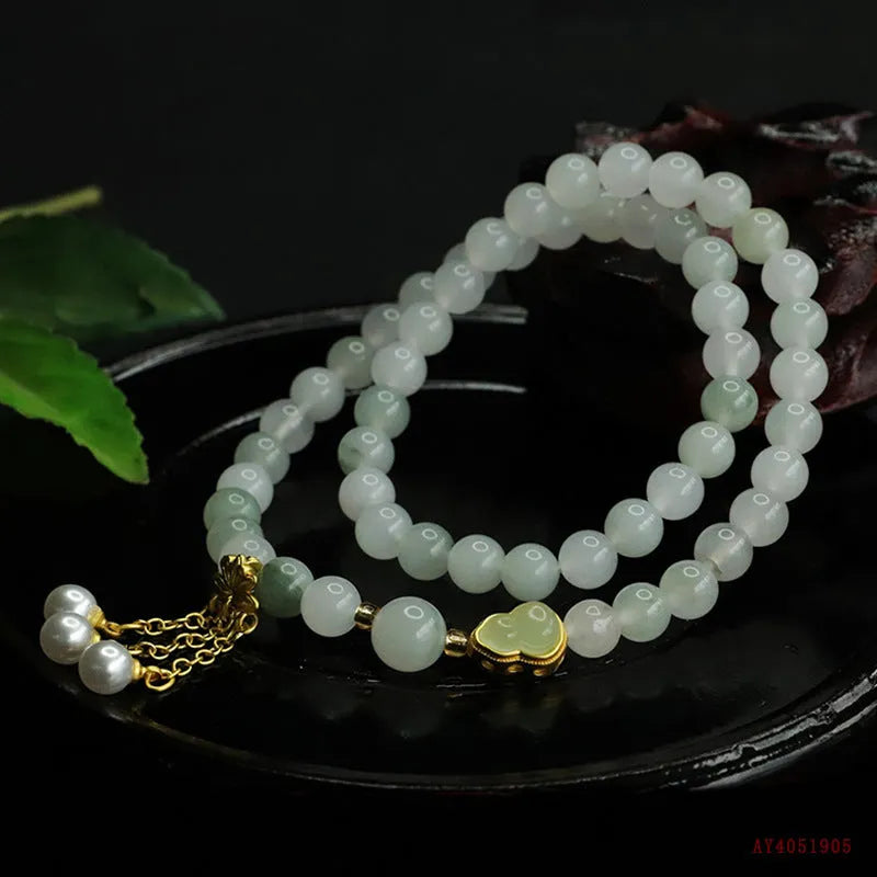 Jade double ring bracelet for women hand-woven Tianshan Cui 6mm beads geometric national style gourd lotus design