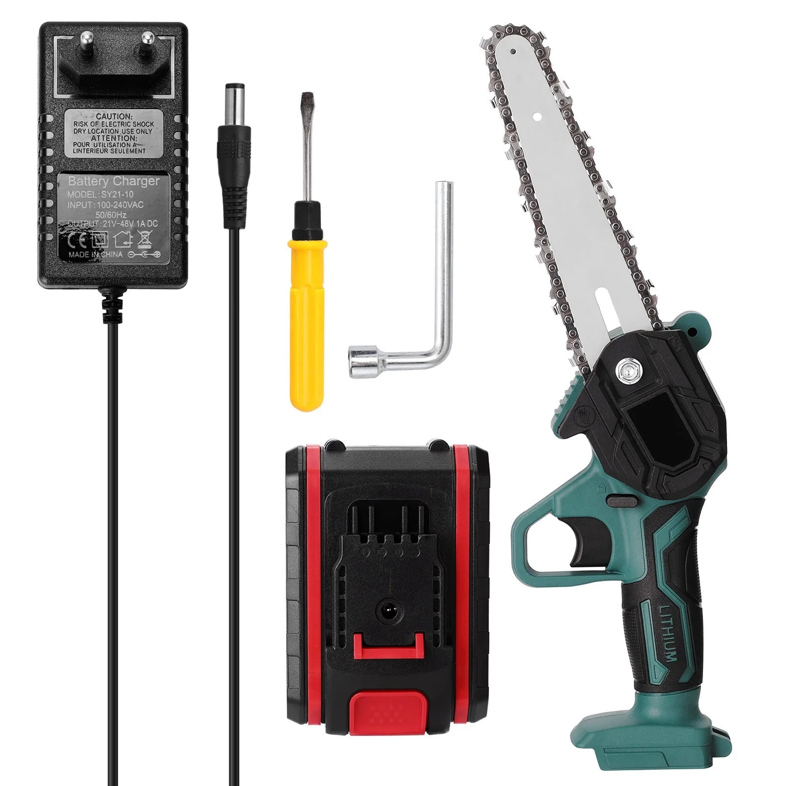 Black and green mini electric chainsaw held in one hand, showing compact design and 4-inch cutting bar.