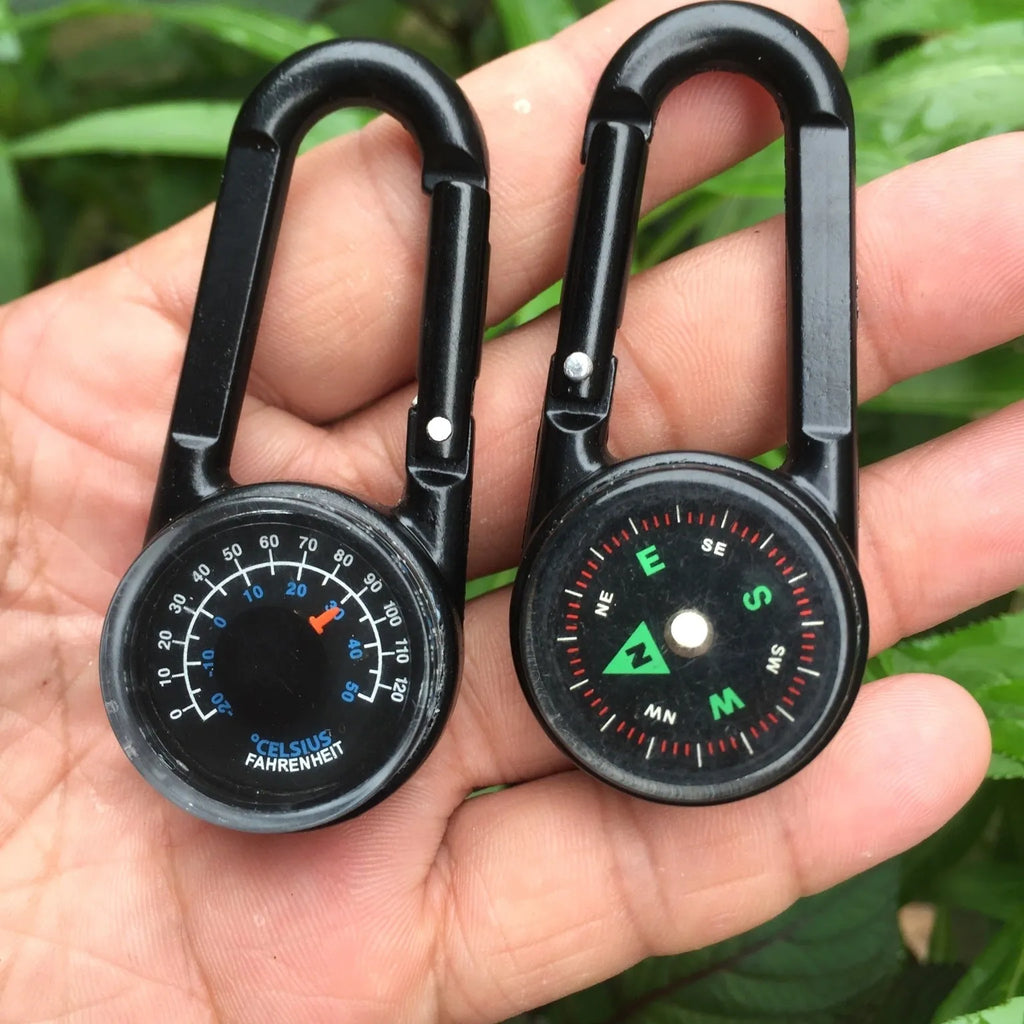 Zinc alloy camping carabiner with thermometer and compass in black, army green, or rose gold