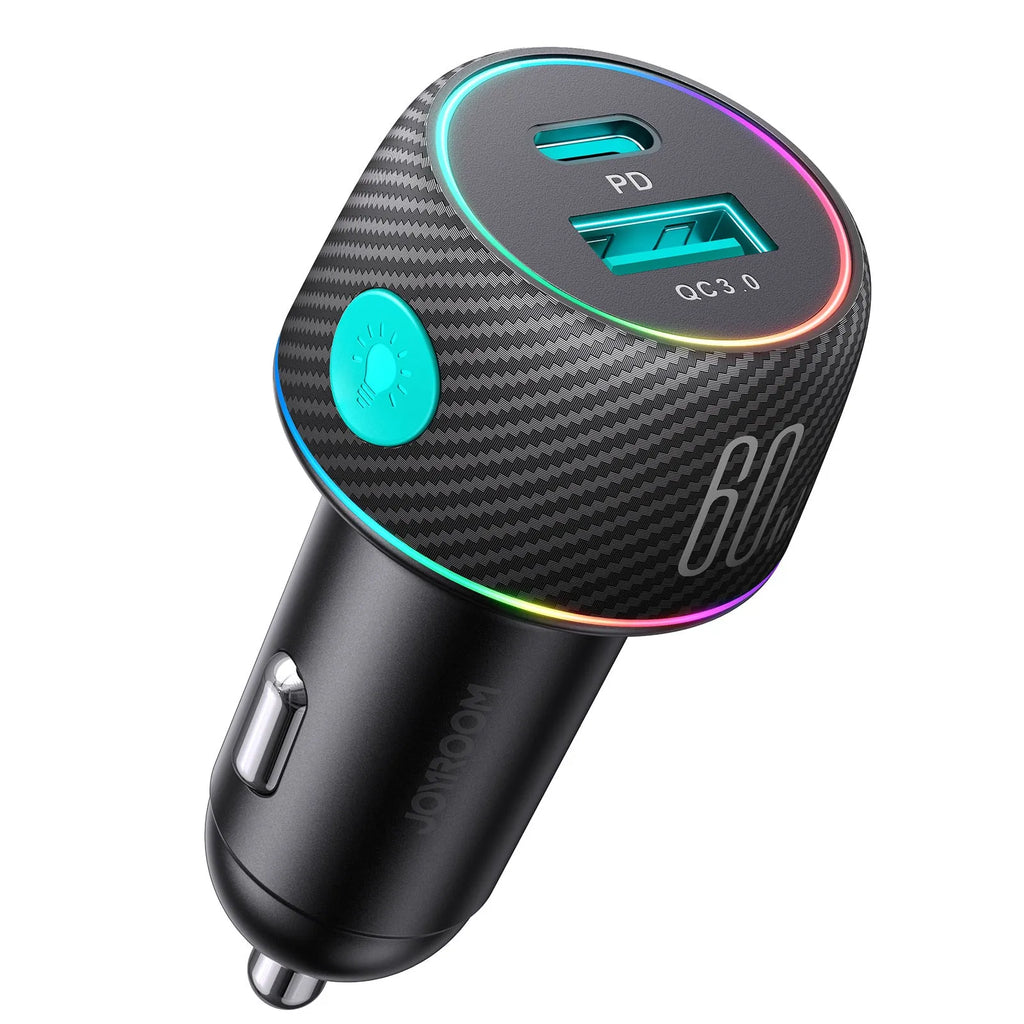 60W dual port button car charger with seven colour ambient light in black PC ABS fireproof material