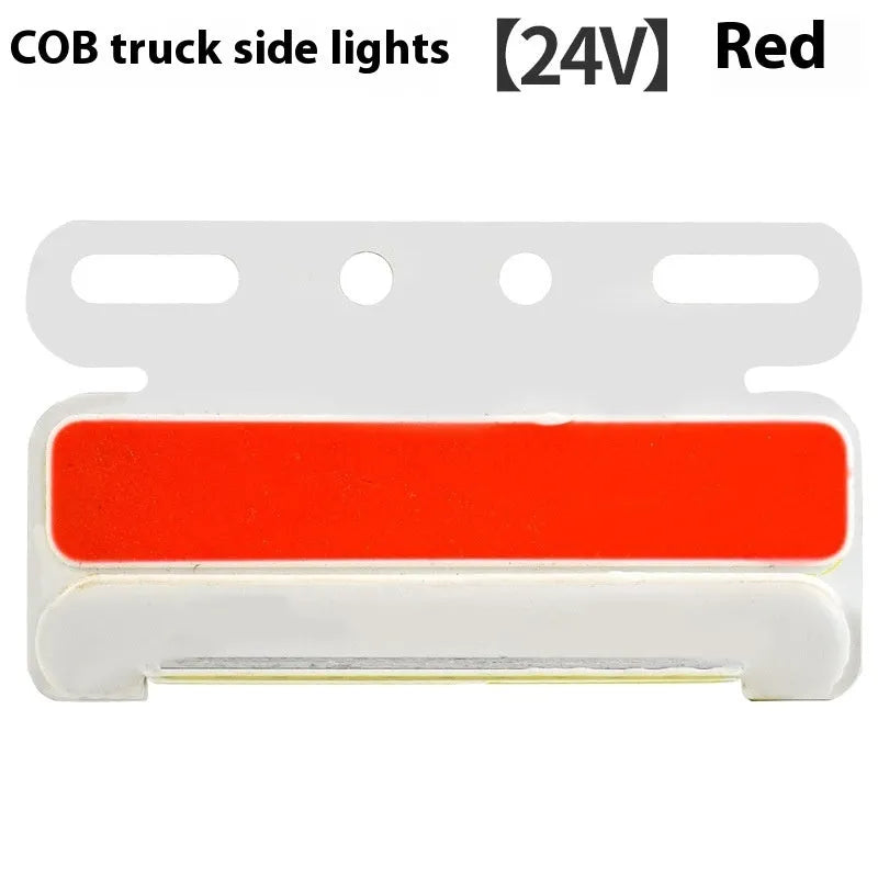 Waterproof aluminium alloy LED side light for trucks, showing bright COB illumination in blue, mounted near a vehicle tyre.