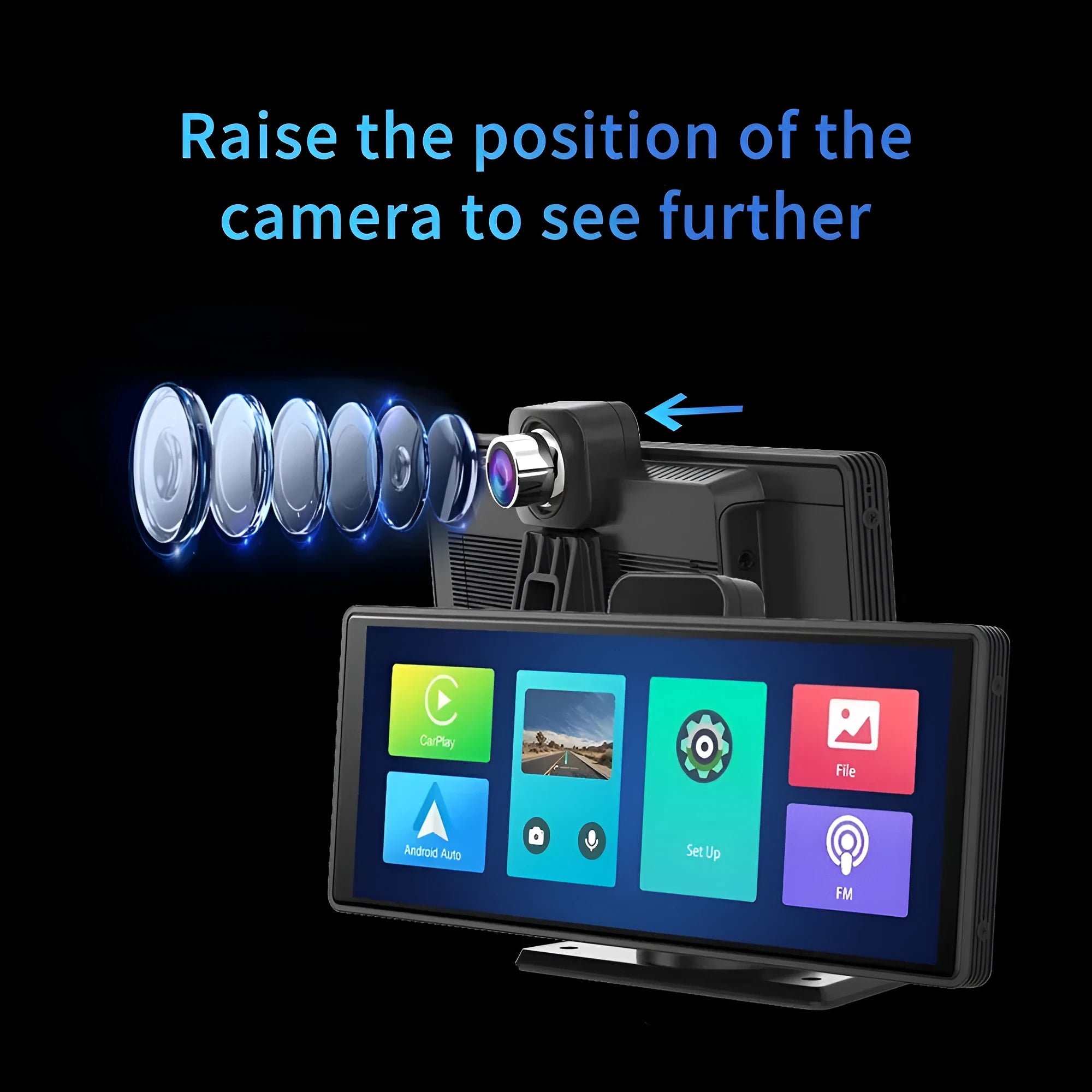 R33 12-inch touchscreen dual dash cam mounted on car windscreen showing front and rear camera split-screen view.
