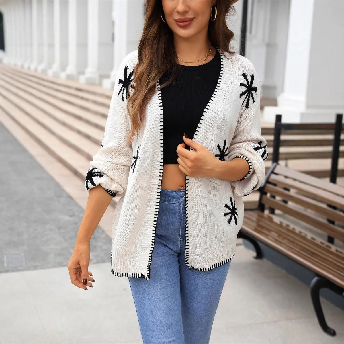 Women's plus size jacquard floral knitted coat cardigan in beige or orange colour options