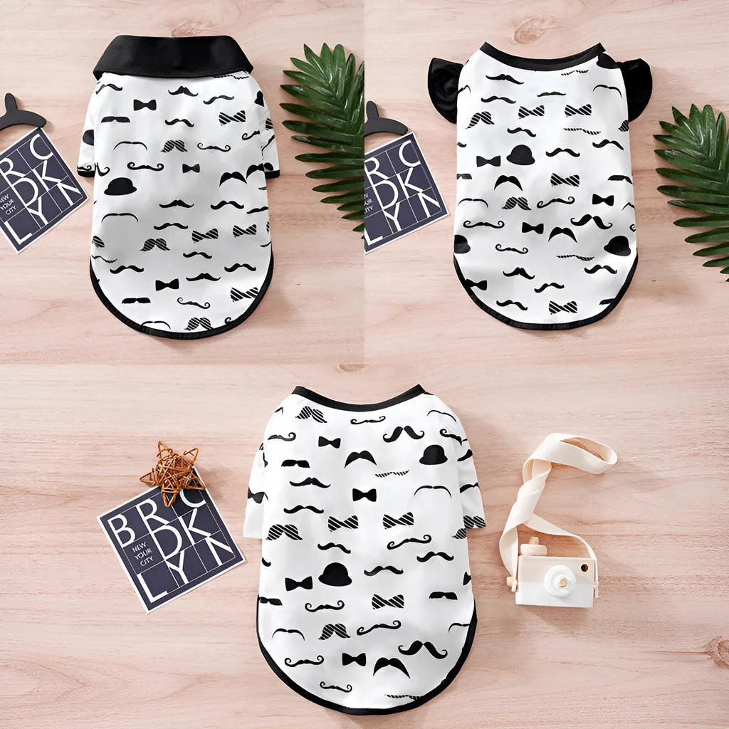 White polyester dog jacket with gentleman beard design, shown in size L for medium dogs.